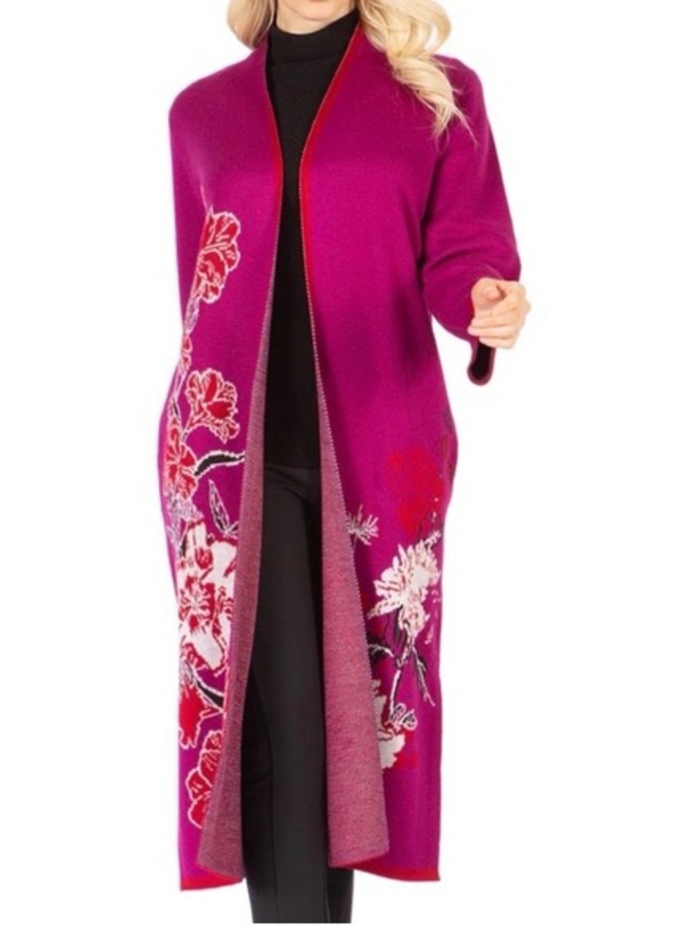 Badgley Mischka Floral Duster Cardigan Knit Pink Red Women's L